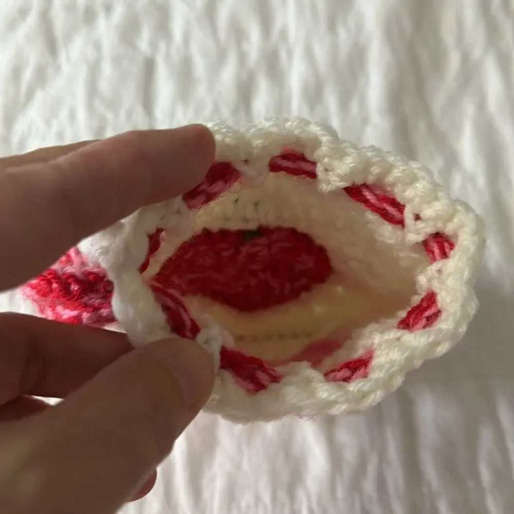 Handmade Crochet Heart Strawberry White Pink Red Green String Pouch Wristlet Bag